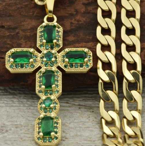 Cadena Cubana + Dije Cristal Verde + Pulsera