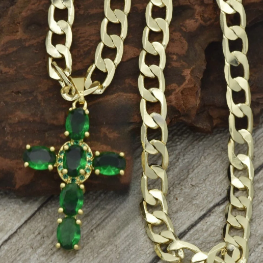 Cadena Cubana 60 Cm + Dije Cruz Verde