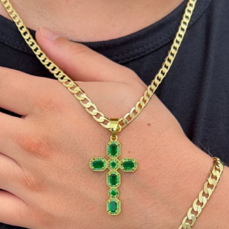 Cadena Cubana + Dije Cristal Verde + Pulsera