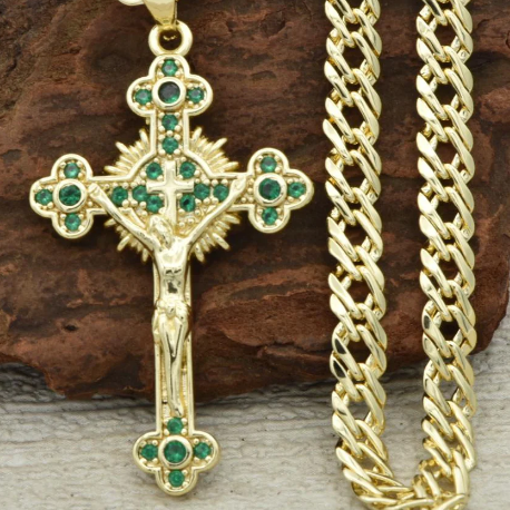 Cadena Cruzada + Cristo verde + Pulsera